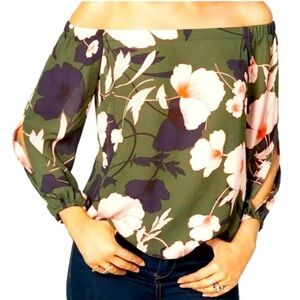 Bar III Floral Blouse Green Navy Pink Elegant Off Shoulder Blouse - Size M